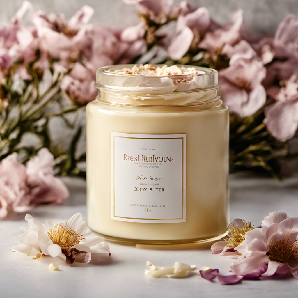 An image showcasing a pristine jar of body butter sitting on a bathroom shelf, surrounded by dried flower petals, with a subtle hint of sunlight streaming through a nearby window, illuminating its creamy texture