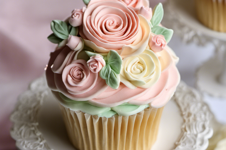 An image showcasing a luscious buttercream frosted cupcake, adorned with delicate piped roses in soft pastel hues, sitting atop a vintage cake stand