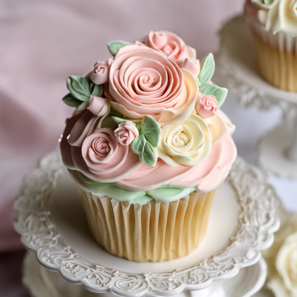 An image showcasing a luscious buttercream frosted cupcake, adorned with delicate piped roses in soft pastel hues, sitting atop a vintage cake stand