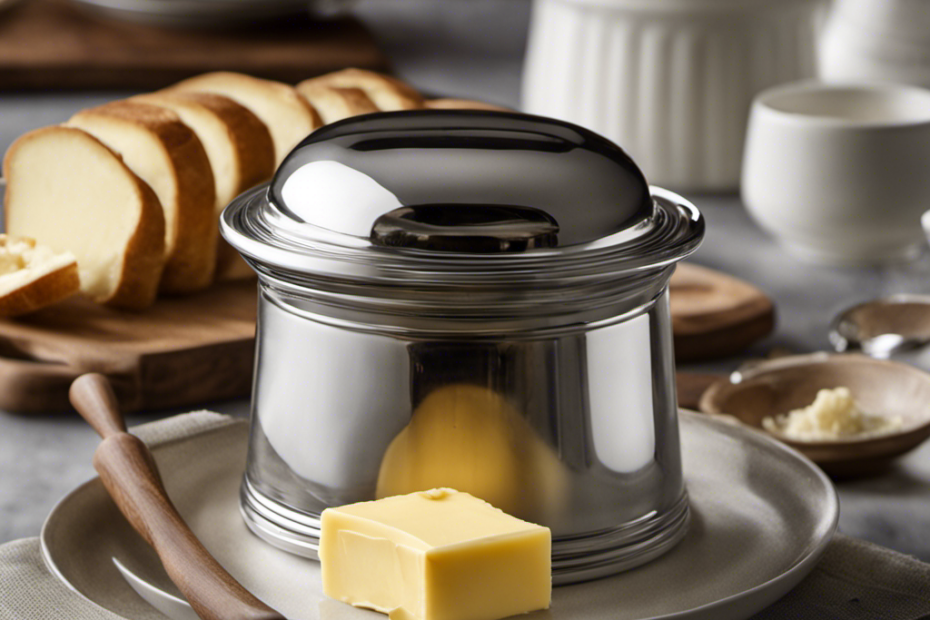 An image showcasing a butter bell with a stick of butter inside, surrounded by a serene kitchen setting