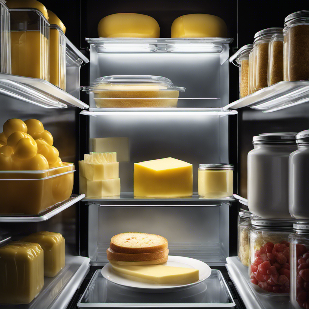 An image showcasing a closed refrigerator door, with a transparent container of butter placed on the middle shelf