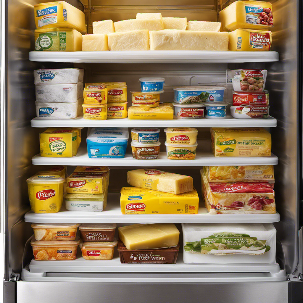 An image showcasing a neatly organized freezer shelf with a transparent container of frozen butter wrapped in wax paper
