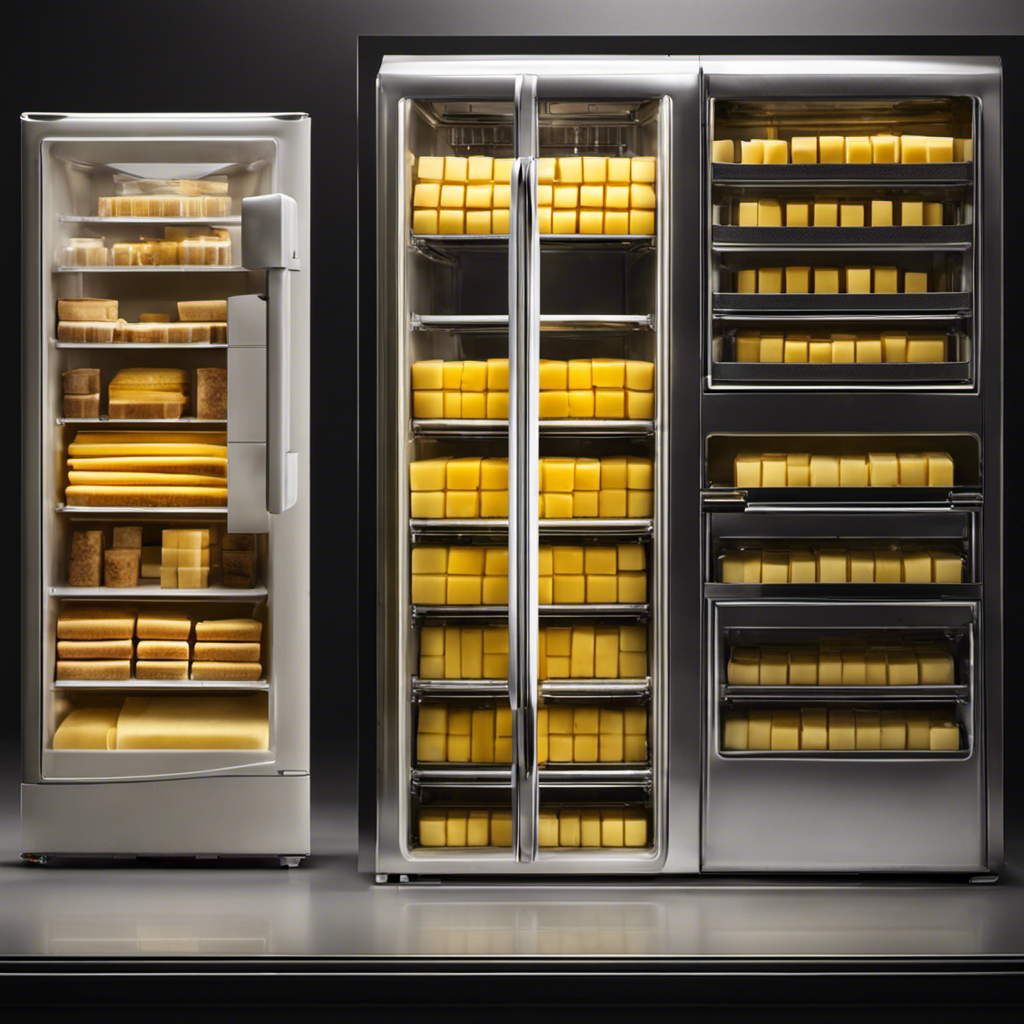 An image showcasing a refrigerator with a transparent door, revealing a neatly arranged stack of butter sticks
