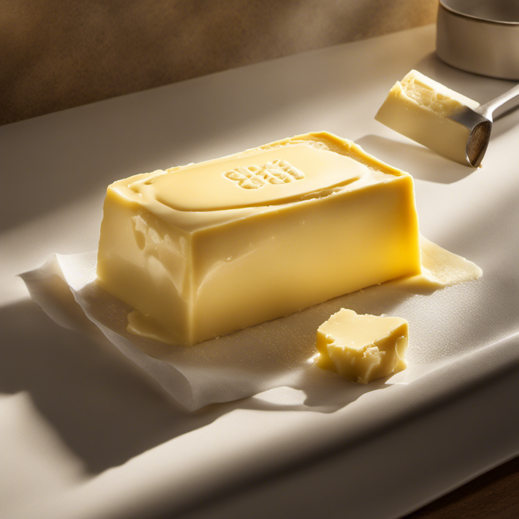 An image capturing a pat of butter sitting on a kitchen countertop, surrounded by warm rays of sunlight streaming through a nearby window, while a subtle condensation forms on the butter's surface, indicating its gradual softening process