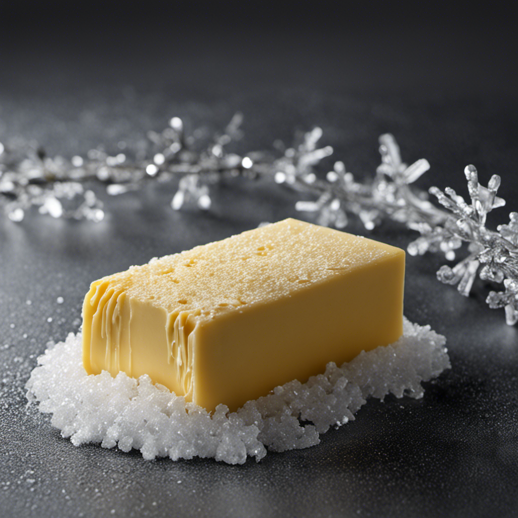 An image depicting a stick of butter placed on a cold metal surface, surrounded by frost crystals forming on its surface