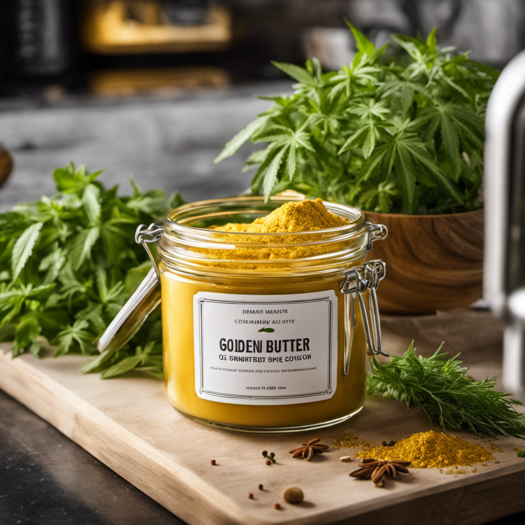 An image showcasing a glass jar filled with golden, creamy cannabutter, sitting on a kitchen counter