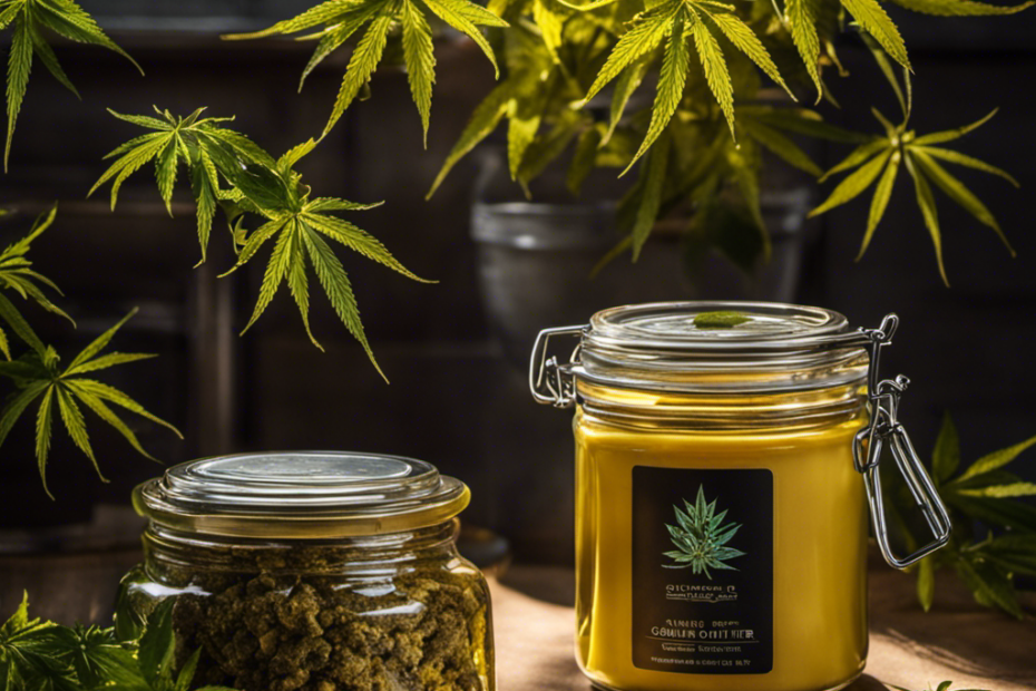 An image of a sealed glass jar filled with rich, golden cannabis-infused butter, nestled in a cool, dark pantry