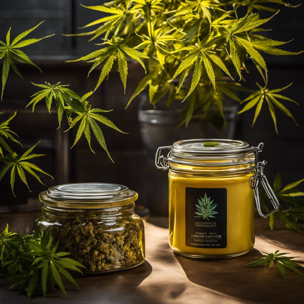 An image of a sealed glass jar filled with rich, golden cannabis-infused butter, nestled in a cool, dark pantry