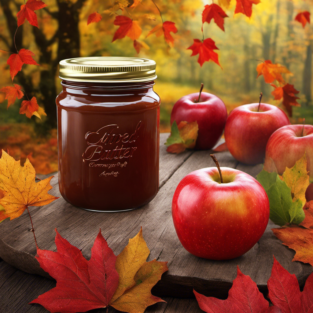 An image showcasing a gleaming glass jar of homemade canned apple butter, sealed with a vibrant red lid