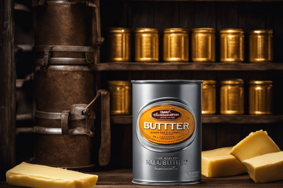 An image showcasing a sealed, rust-resistant, metallic can of butter, sitting on a cool, dark pantry shelf, with a calendar in the background subtly marking the passage of time