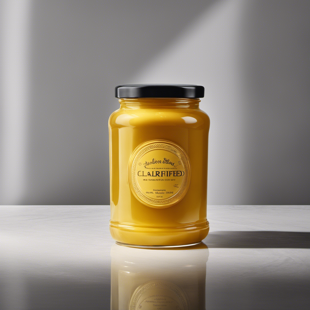 An image showcasing a glistening, golden jar of clarified butter, perfectly sealed and nestled in a cool, dark pantry