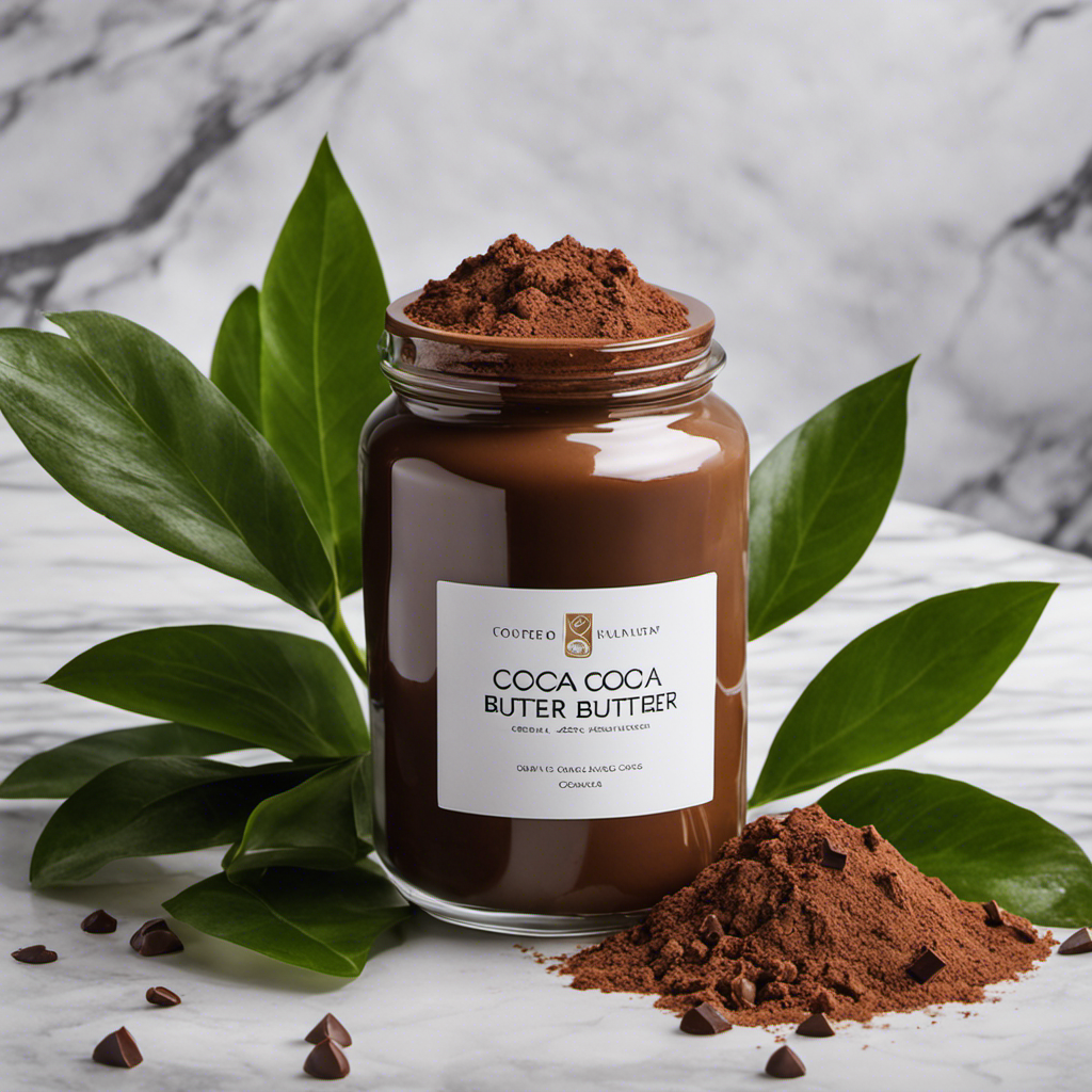 An image showcasing a glass jar filled with rich, creamy cocoa butter, elegantly placed on a marble countertop, surrounded by vibrant green cocoa leaves and a hint of melted chocolate drizzling down the jar