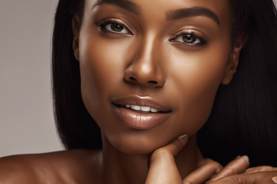 An image showcasing a close-up shot of a woman's face with a dark spot gradually fading away as cocoa butter is gently massaged into her skin, revealing a radiant complexion