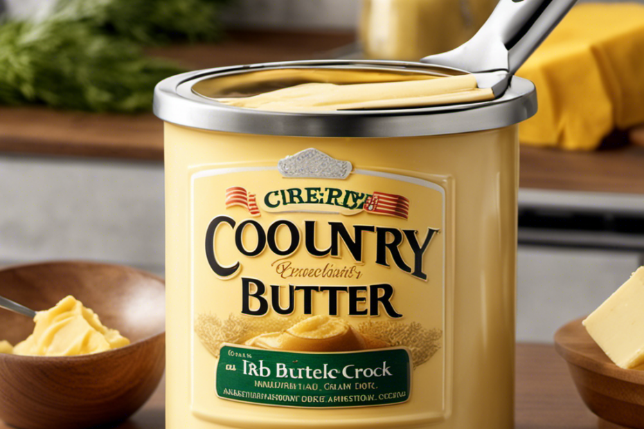 An image showcasing a freshly unwrapped tub of Country Crock Butter on a kitchen countertop, glistening with golden hues