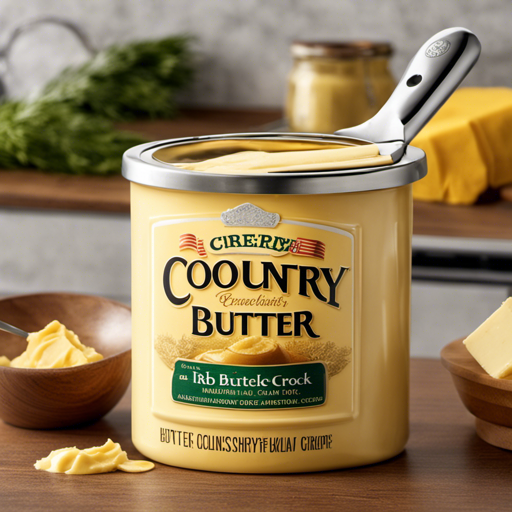 An image showcasing a freshly unwrapped tub of Country Crock Butter on a kitchen countertop, glistening with golden hues