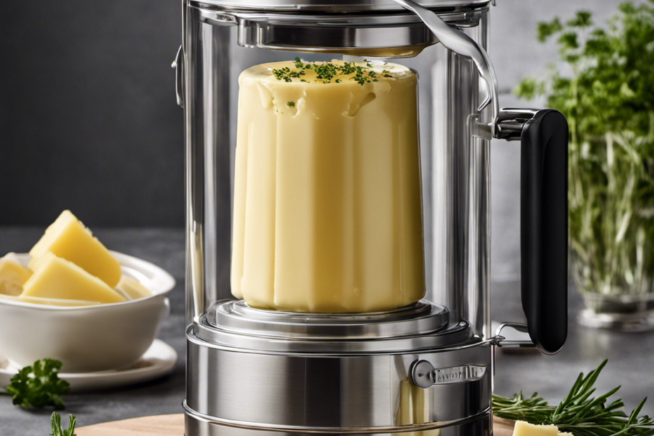 An image showcasing the Easy Butter Maker in action: a stainless steel contraption with a transparent lid, filled with melted butter and infused herbs, surrounded by wisps of fragrant steam