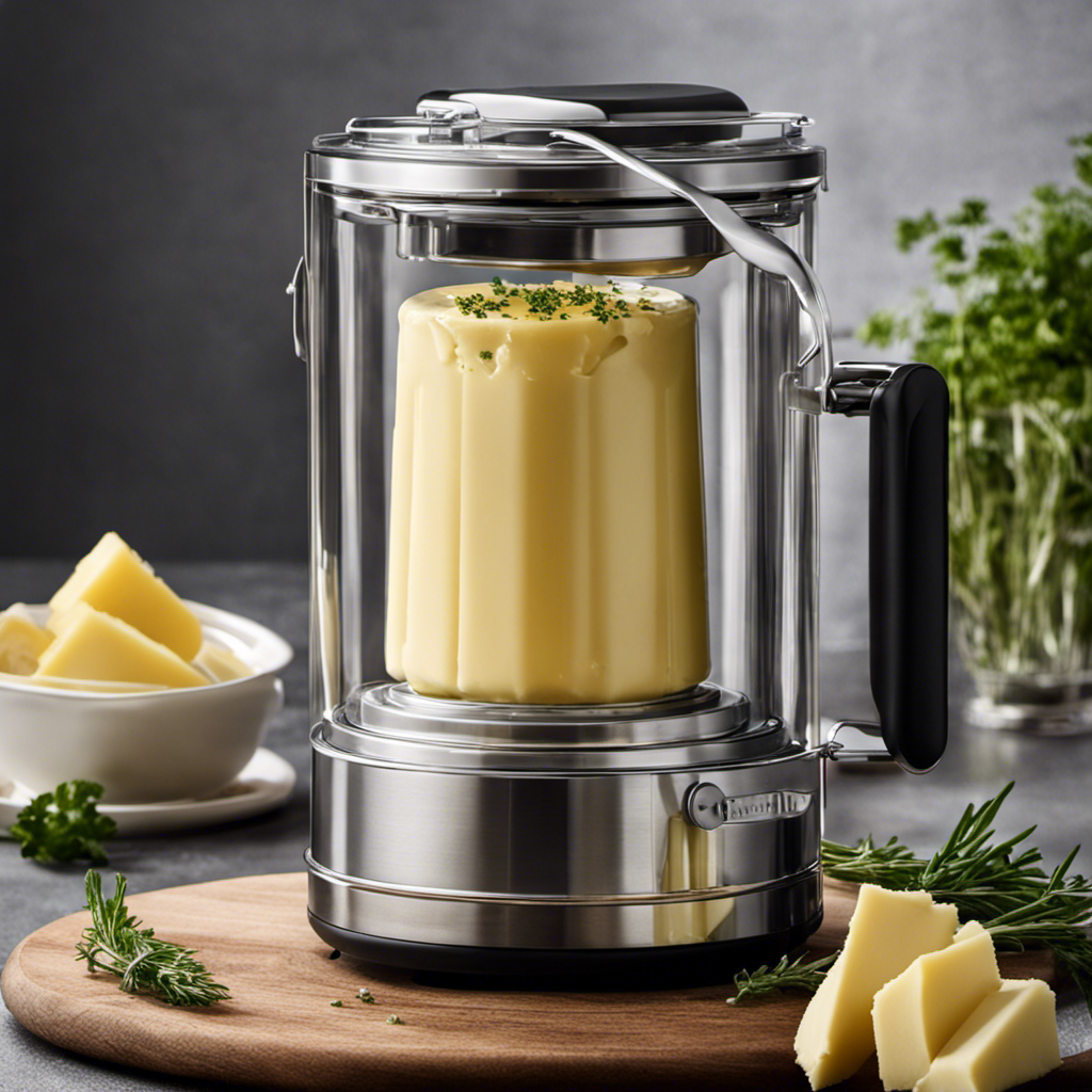 An image showcasing the Easy Butter Maker in action: a stainless steel contraption with a transparent lid, filled with melted butter and infused herbs, surrounded by wisps of fragrant steam