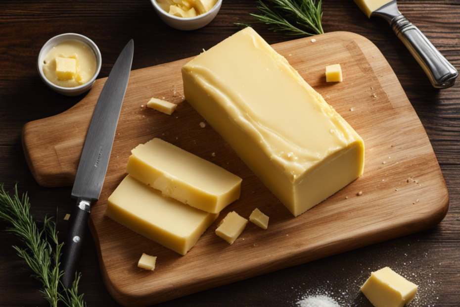 An image showcasing a rich, creamy stick of butter, perfectly sliced and glistening on a rustic wooden cutting board