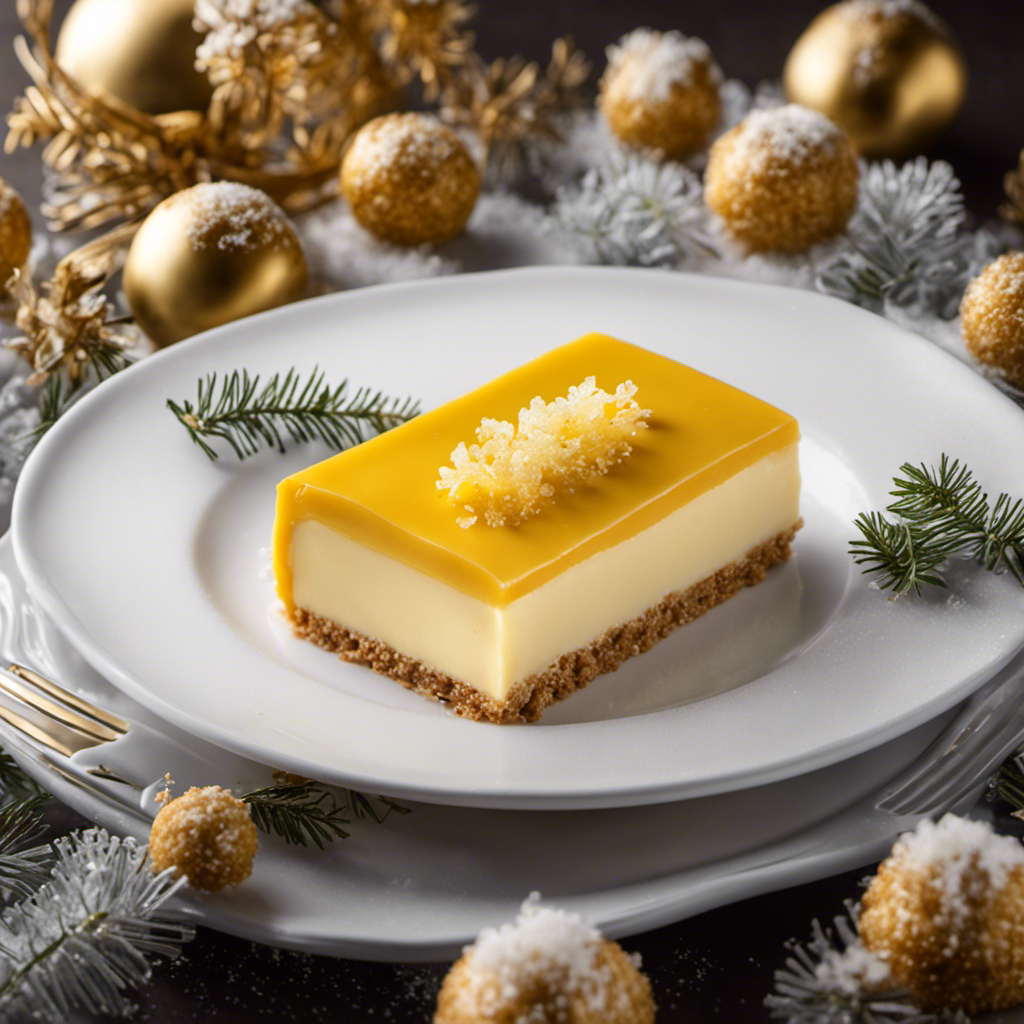 An image showcasing a slice of rich, golden butter encased in a frosty layer, nestled among ice crystals on a pristine white plate