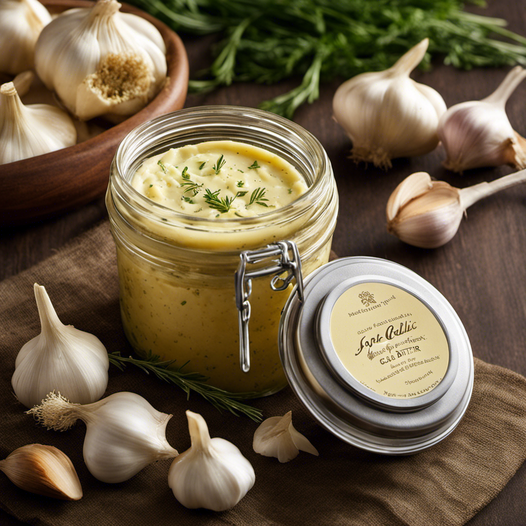 An image showcasing a charming jar of homemade garlic butter, sealed with a golden lid