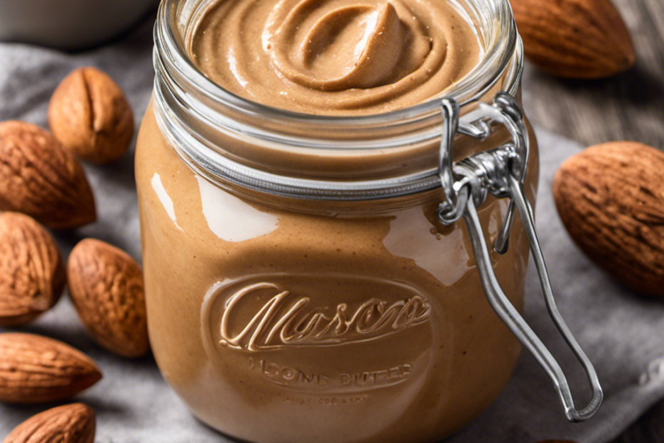 An image capturing a mason jar filled with creamy, golden homemade almond butter