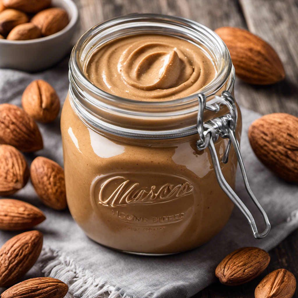 An image capturing a mason jar filled with creamy, golden homemade almond butter