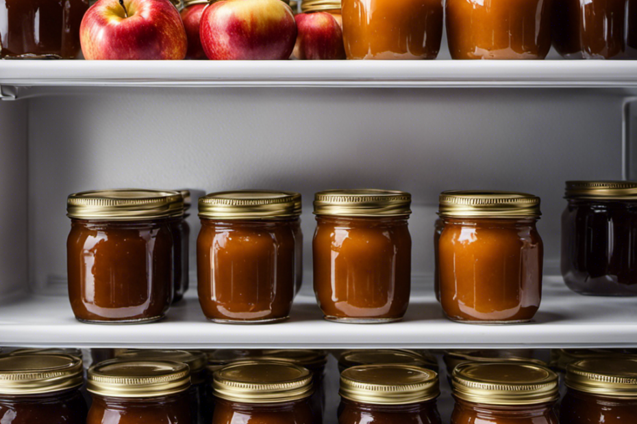 An image of a glass jar filled with rich, velvety homemade apple butter sitting on a crisp white shelf in a refrigerator