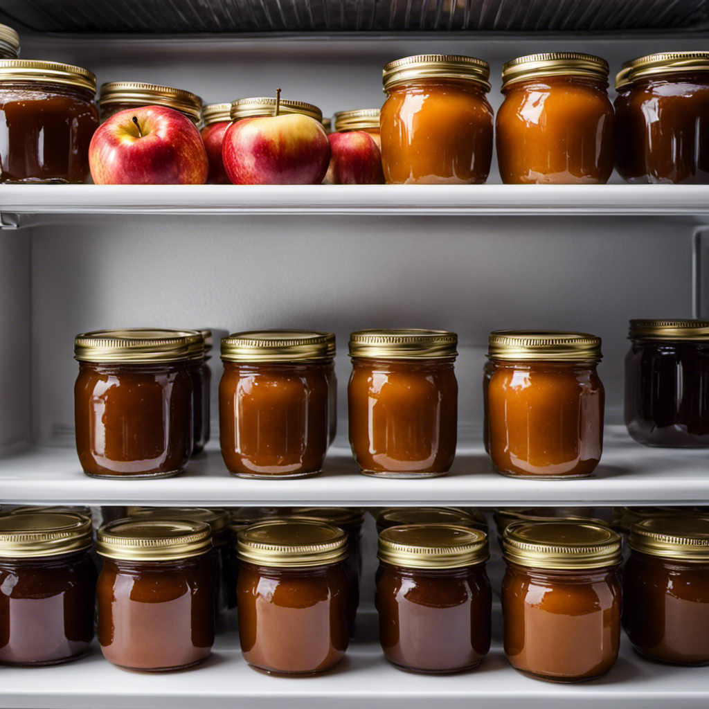 An image of a glass jar filled with rich, velvety homemade apple butter sitting on a crisp white shelf in a refrigerator