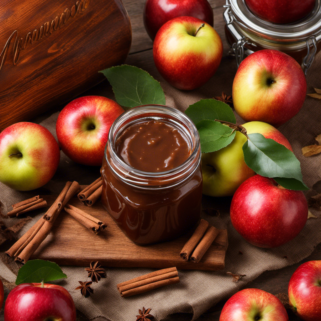 An image showcasing a jar of rich, amber-hued homemade apple butter, glistening with a glossy sheen