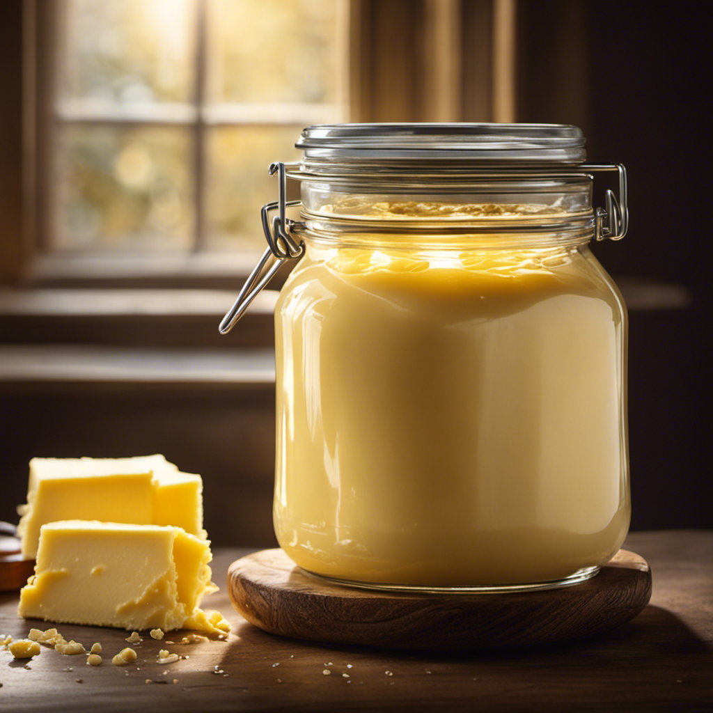 An image showcasing a close-up of a glass jar filled with creamy homemade butter, glistening with golden hues