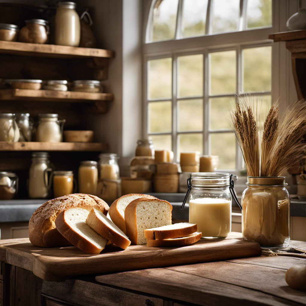 An image depicting a rustic kitchen counter with a mason jar filled with creamy homemade butter, surrounded by freshly baked bread, a vintage churn, and a calendar with days crossed off, showcasing the passage of time