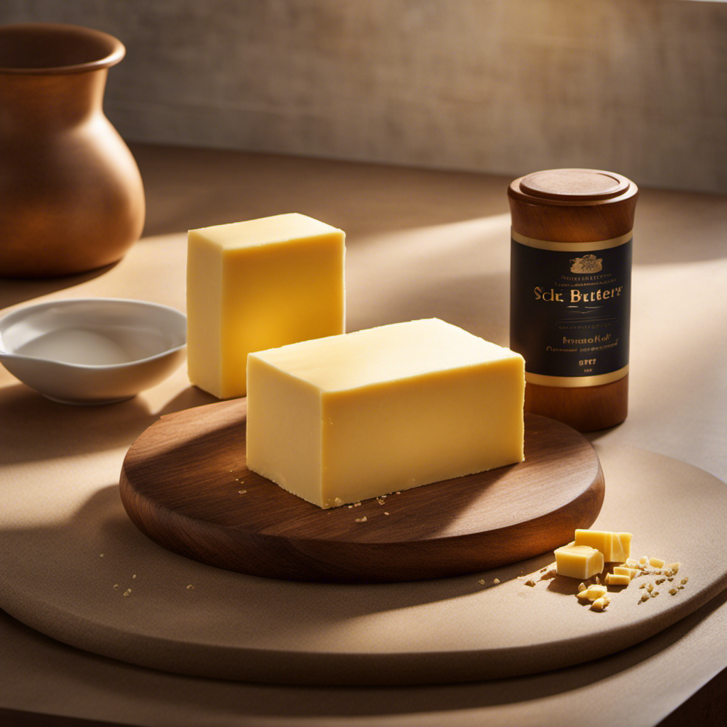 An image depicting a stick of butter placed on a kitchen countertop, surrounded by a warm, sunlit ambiance