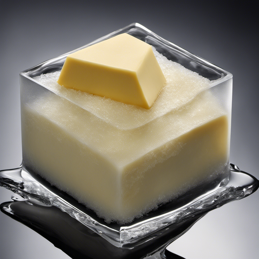 An image showcasing a stick of butter half-submerged in a frosty, crystal-clear ice cube, slowly solidifying
