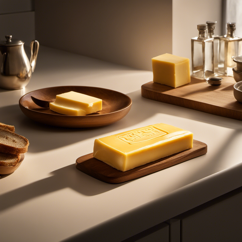 An image depicting a stick of butter placed on a kitchen countertop, surrounded by a warm glow from natural light streaming through a nearby window, as it gradually softens and melts, transitioning from a solid state to a creamy consistency