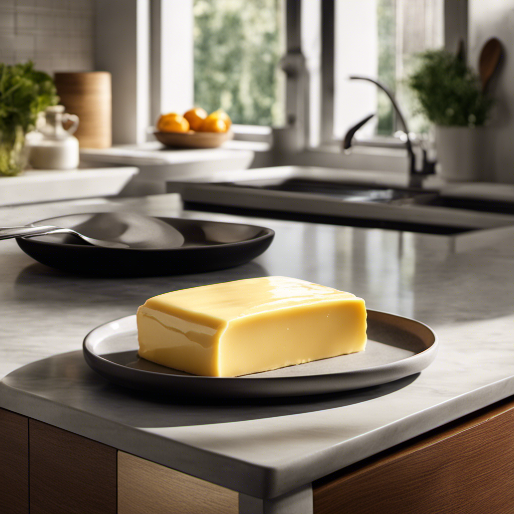 An image showcasing a slab of butter resting on a countertop, surrounded by a warm, sunlit kitchen