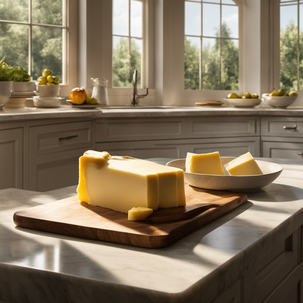An image capturing a serene kitchen scene with a stick of butter placed on a marble countertop