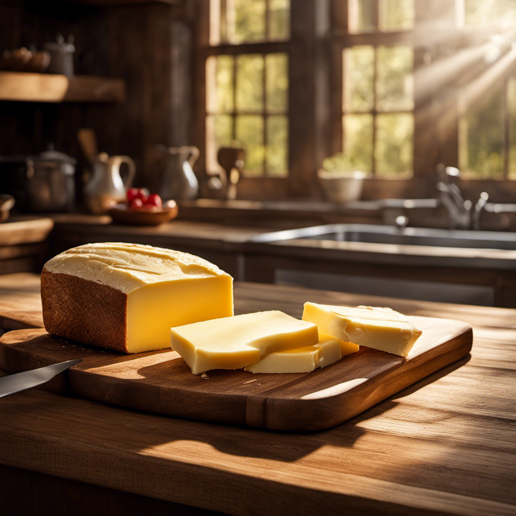 An image of a perfectly sliced stick of butter placed on a rustic wooden cutting board, surrounded by soft morning sunlight streaming through a kitchen window, gently melting the edges