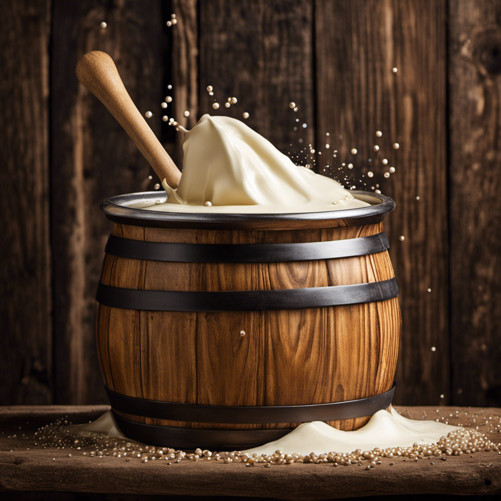 An image showcasing a wooden churn, filled with creamy milk, placed against a rustic backdrop