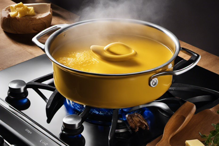 An image showcasing a golden yellow saucepan gently simmering on a stovetop, with a knob turned to low heat, as the steam rises from the melting butter, capturing the precise moment of clarifying butter