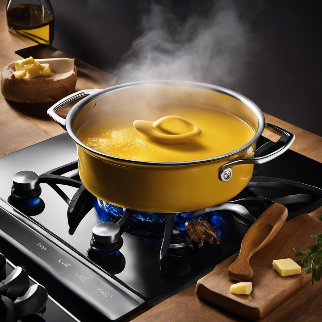 An image showcasing a golden yellow saucepan gently simmering on a stovetop, with a knob turned to low heat, as the steam rises from the melting butter, capturing the precise moment of clarifying butter