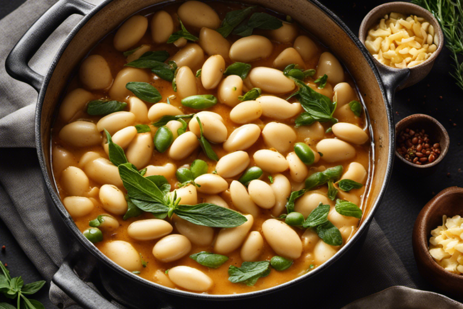 An image showcasing a simmering pot of butter beans, tender and creamy, surrounded by aromatic herbs and spices