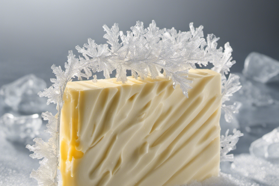 An image capturing a stick of butter placed in a freezer, surrounded by icy air