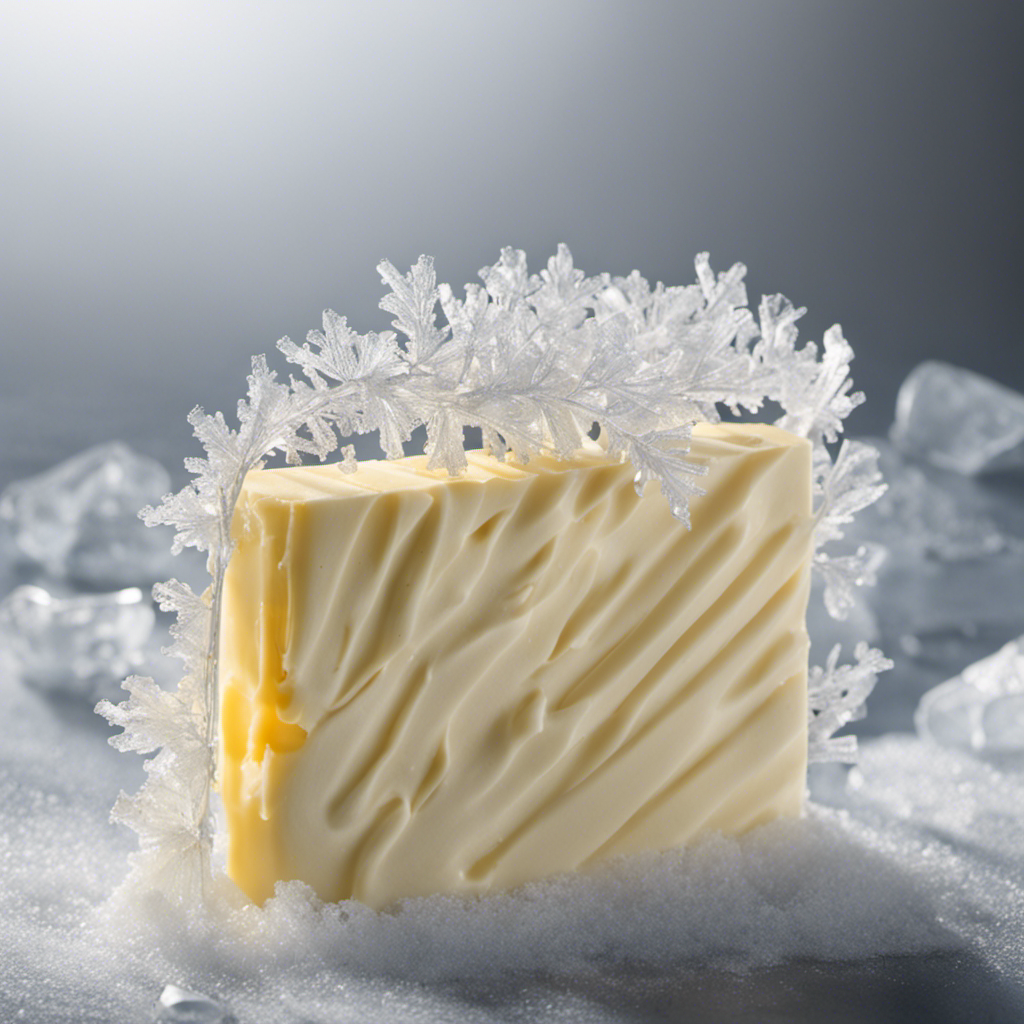 An image capturing a stick of butter placed in a freezer, surrounded by icy air