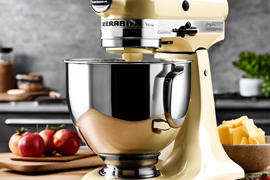 An image showcasing a sleek, modern stand mixer with a stainless steel bowl filled with fresh cream