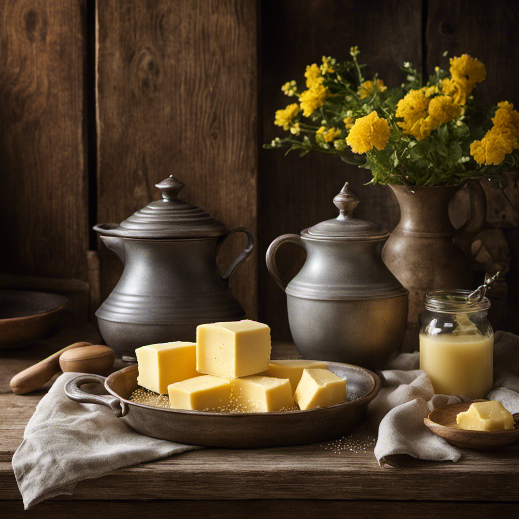 An image showcasing a beautifully aged farmhouse kitchen counter adorned with a rustic butter dish, where a pat of golden-hued raw butter sits, surrounded by delicate condensation droplets, illustrating the passage of time