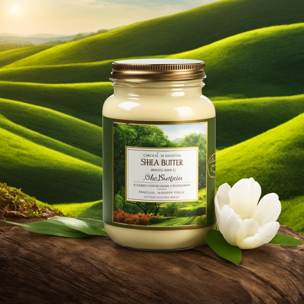 An image showcasing a pristine jar of Shea butter, surrounded by a lush green landscape