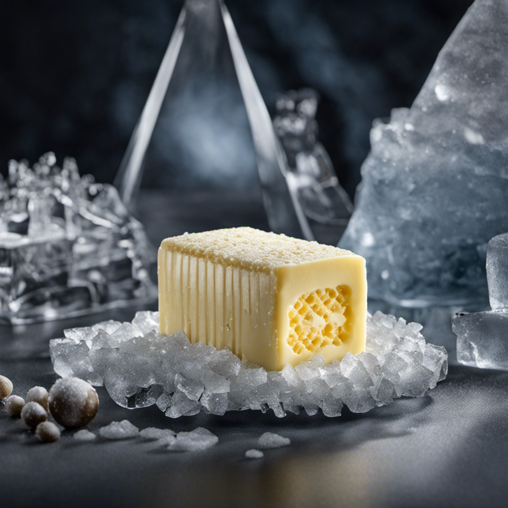An image showcasing a frozen stick of vacuum-sealed butter nestled amidst a frosty landscape of ice crystals