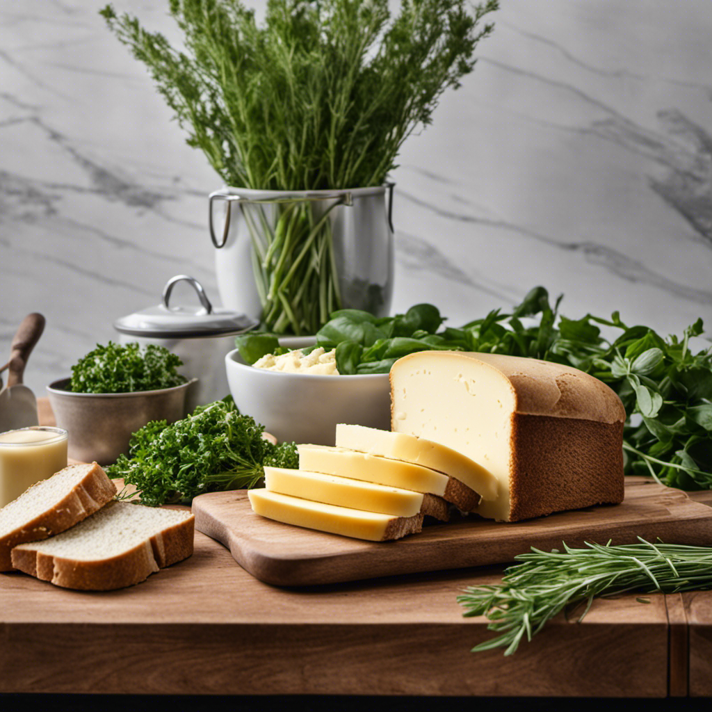 An image showcasing a neatly arranged kitchen counter with a sealed container of vegan butter, surrounded by fresh herbs, a toaster, and a slice of bread with a perfectly spread layer of vegan butter