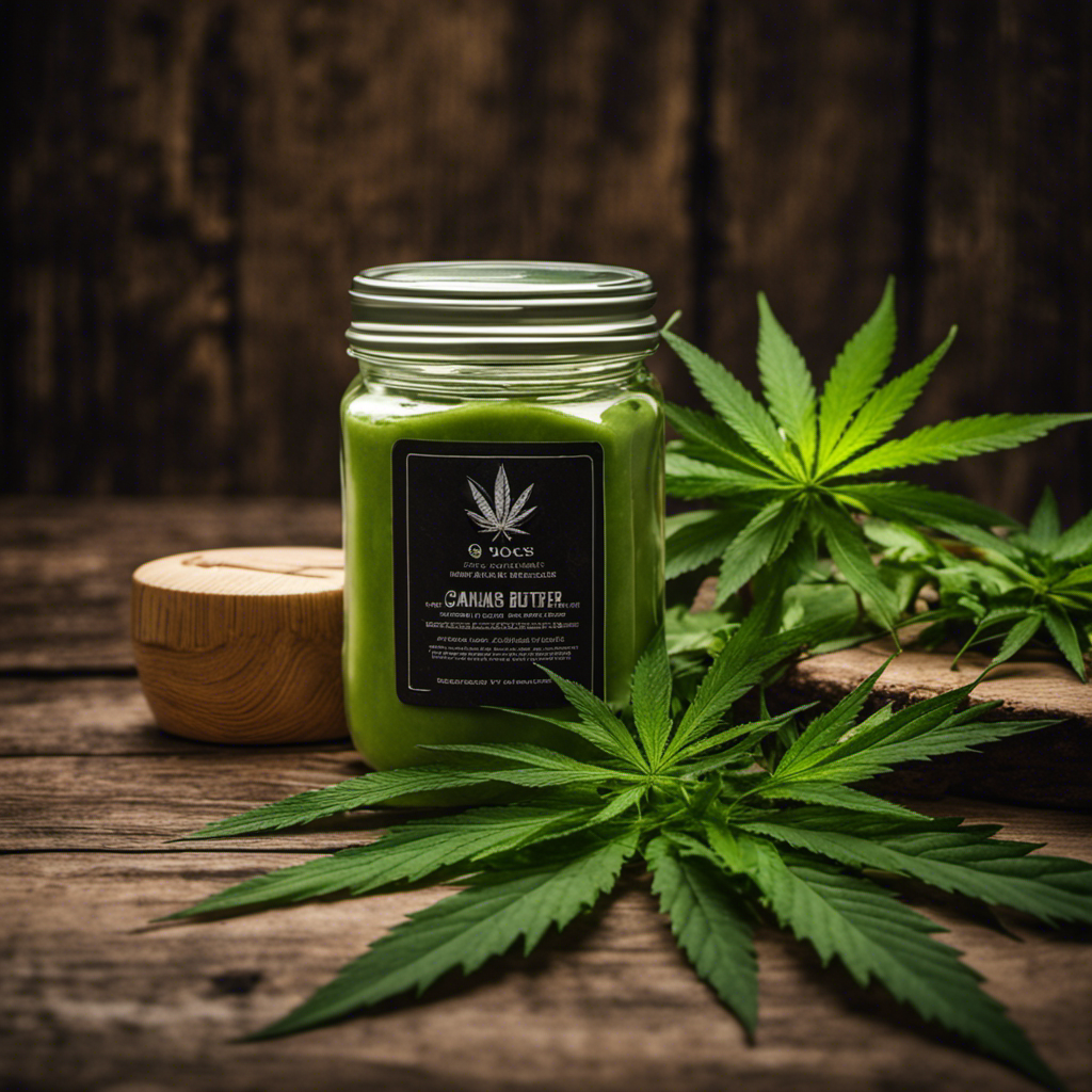 An image showcasing a sealed glass jar filled with velvety green cannabis-infused butter, glistening under soft ambient lighting