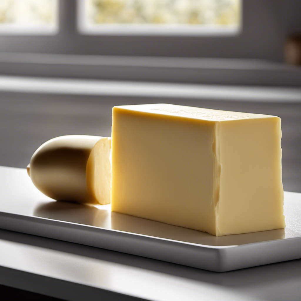 An image of a stick of butter placed on a kitchen countertop, surrounded by ambient sunlight filtering through a window